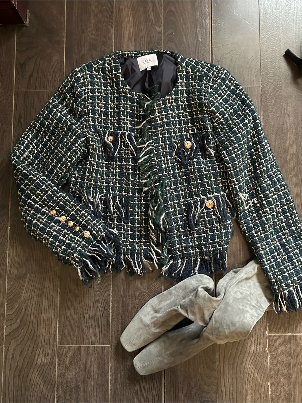 JOA Woven Fringe Jacket in Navy/Green M